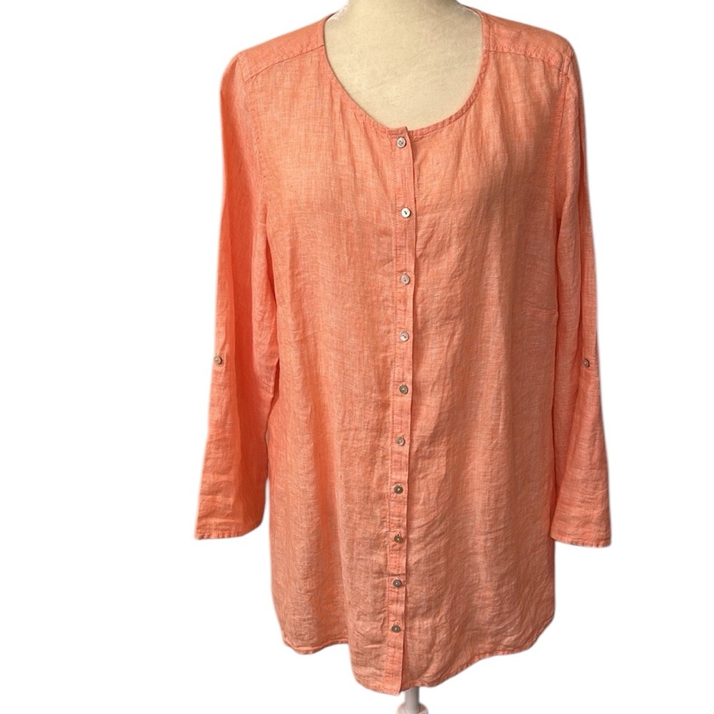 Tahari 100% Linen Size 1X Peachy Coral Button-Down Roll-Tab Sleeve Top